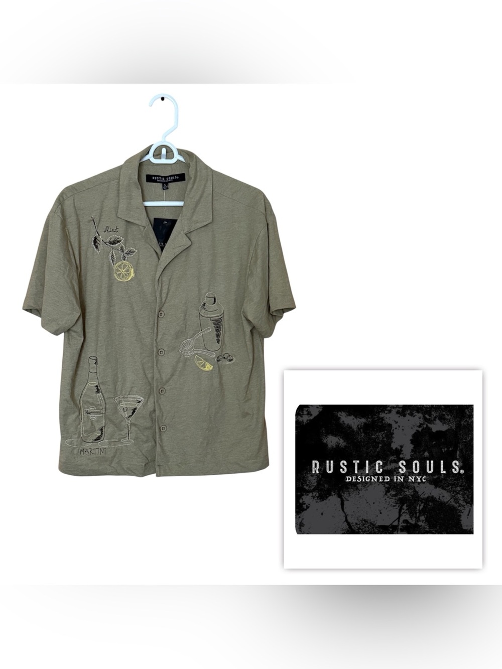 NWT Rustic Soul NYC Men S Khaki Embroidered Martini Cocktail Soft Knit Shirt
